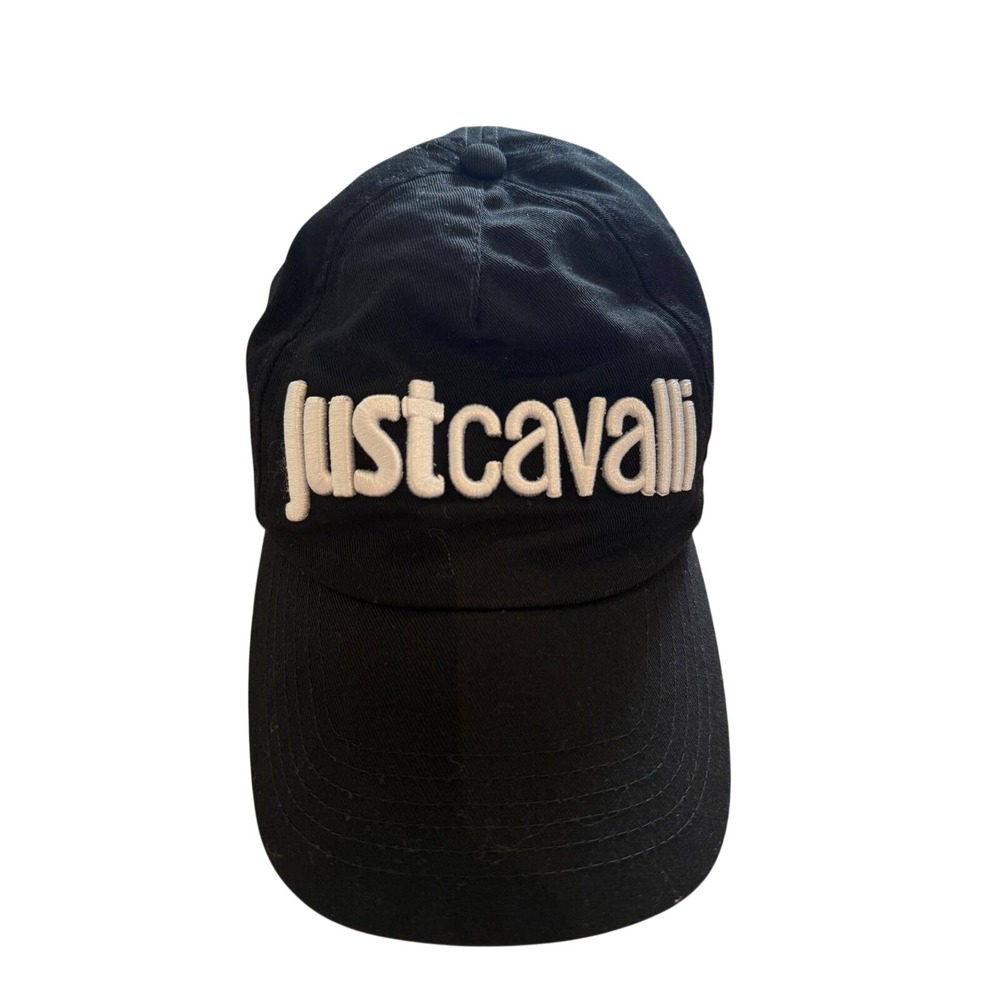 Just Cavalli Black Baseball Cap Embroidered Spellout Logo Hat Adjustable Cotton